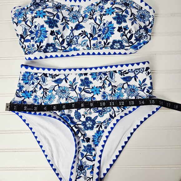 Women's Blue Floral Print Scoop Neck High Waisted Modest Bikini Set Size M NWOT - Picture 14 of 14